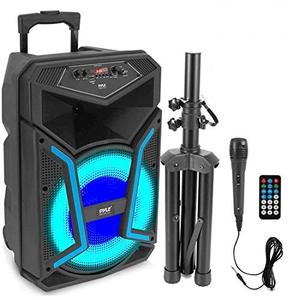 lot 51304 image: Portable Bluetooth PA Speaker System - 800W Outdoor Bluetooth Speaker Portable PA System w Microphone in, Party Lights, MP3USB, FM Radio, Rolling Wheels - Mic, Remote - Pyle PPHP122SM