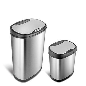 lot 51315 image: NINESTARS CB-DZT-50-1312-13 Automatic Touchless Infrared Motion Sensor Trash Can Combo Set, 13 Gal 50L & 3 Gal 12L, Stainless Steel Base (Oval, SilverBlack Lid)