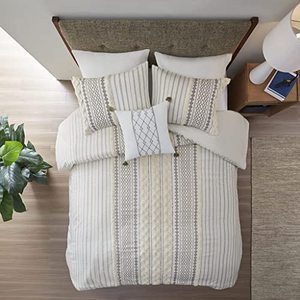 lot 51638 image: INKIVY Kaia 100% Cotton Comforter Mid Century Modern Design Chenille Tufted All Season Bedding Set, Matching Shams, Decorative Pillow, FullQueen, Geometric Prints Ivory 4 Piece