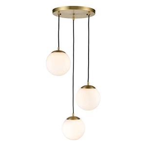 lot 52126 image: Light Society LS-C255-BB-WH Zeno 3-Light Pendant Lamp in Brushed Brass and White Glass Globes with Adjustable Length Cords, Retro Mid Century Modern Style Chandelier