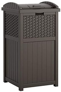 lot 52638 image: Suncast 33 Gallon Hideaway Can Resin Outdoor Trash with Lid Use in Backyard, Deck, or Patio, 33-Gallon, Brown