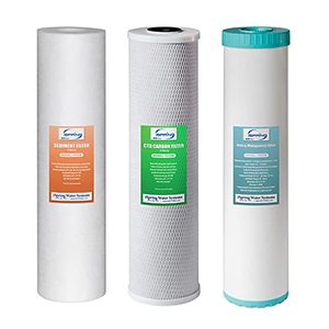 lot 52645 image: iSpring F3WGB32BM 4.5 x 20 3-Stage Whole House Water Filter Set Replacement Pack with Sediment, CTO Carbon Block, and Iron & Manganese Reducing Cartridges Fits WGB32BM , White (Pack of 1)