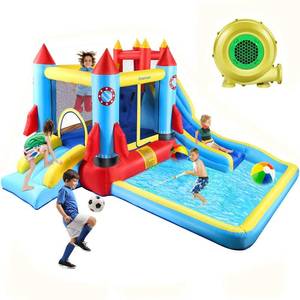 lot 52653 image: AKEYDIY Bounce House with Blower Giant Inflatable Slide Bouncy Castle for Kids 3-12 with Pool, Ball Pit, Climbing Wall, Bouncing Area, water Slide Rocket Jumping Castle, Pool Splash IndoorOutdoor   (SOLD AS IS)  (Retails $329)