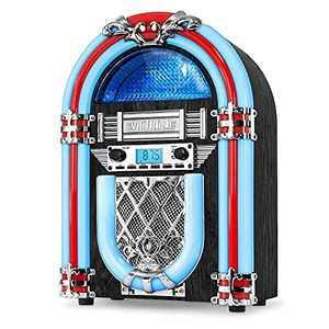 lot 52671 image: Victrola Nostalgic Wood Countertop Jukebox with Built-in Bluetooth Speaker, 50s Retro Vibe, 5 Bright Color-Changing LED Tubes, FM Radio, Wireless Music Streaming, AMFM Radio, Aux Input