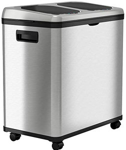 lot 52680 image: iTouchless Stainless Steel Dual-Compartment (8 Gallon Each) 60 Liter Kitchen Garbage Waste Solution 16 Gallon Touchless Sensor Trash CanRecycle Bin 2 wheels broke off   (SOLD AS IS)  (Retails $199)