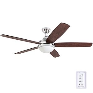 lot 53048 image: Prominence Home 80095-01 Ashby Ceiling Fan with Remote Control and Dimmable Integrated LED Light Frosted Fixture 52 Contemporary Indoor, 5 Blades Newport BrownTumbleweed, Sleek Chrome