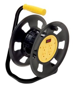 lot 64675 image: Designers Edge E230 Extension Cord Storage Reel, Multi-Outlet Adapter, Black and Yellow