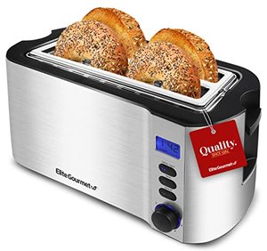 lot 64712 image: Elite Gourmet ECT4400B# Long Slot Toaster, Countdown Timer, Bagel Function, 6 Toast Settings, Defrost, Cancel Functions, Slide Out Crumb Tray, Extra Wide Slots for Bagels Waffles, 4 Slice, Stainless