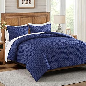lot 64715 image: JML Queen Size Comforter Set Bed in A Bag, 3 Pieces Clipped Jacquard Diamond Comforter Set with 2 Pillowcases, Shabby Chic Tufted Solid Color Comforter Tufts Bedding Set All Season Home Dcor, Navy