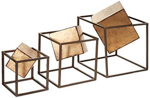 lot 64721 image: Madison Park Quad Cube Home Dcor - 3 Piece Set Metal Accent Statue Modern Luxe Geometric Art Sculpture Design Living Room Shelf Accessories, Multi Size, Black and Gold