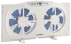 lot 64736 image: Lasko W09560 Bluetooth Enabled Twin 9-Inch Window Fan with Independent Electrically Reversible Intake & Exhaust Motors with Thermostat and Timer for Bedroom Indoor Home Use, White