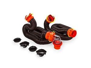 lot 64746 image: Camco 20 (39742) RhinoFLEX 20-Foot RV Sewer Hose Kit, Swivel Transparent Elbow with 4-in-1 Dump Station Fitting-Storage Caps Included, Black, Brown