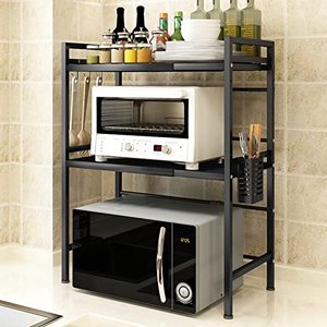 lot 67385 image: WHIFEA 3-Tier Adjustable 15.74-23.62 Heavy Duty Shelving Microwave Rack Horizontal Extension Kitchen Shelf Tableware Storage Stand Organizer with 3 Hooks Carbon Steel Matte Black