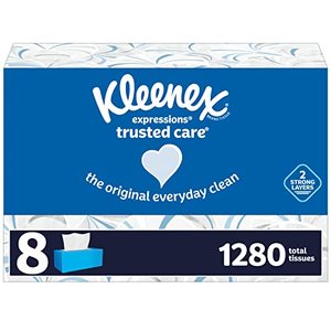 lot 67395 image: Kleenex Expressions Trusted Care Facial Tissues, 8 Boxes, 160 Tissues per Box, 2-Ply (1280 Total Tissues)