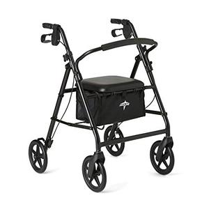 lot 67432 image: Medline Aluminum Rollator Walker with Seat, Folding Mobility Rolling Walker has 8 inch Wheels, Black