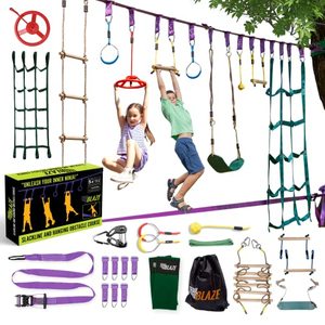 lot 67435 image: Trailblaze Ninja Warrior Obstacle Course for Kids - New Version 2x55ft Slackline Climbing Net Rope Ladder Trapeze Swing Monkey Bars, Ninja Course for Kids Outside, Outdoor Kids Play Equipment