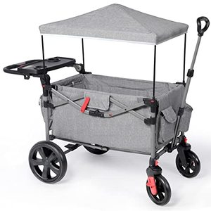 lot 67439 image: EVER ADVANCED Foldable Wagons for Two Kids & Cargo, Collapsible Folding Stroller with Adjustable Handle Bar, Removable Canopy with 5-Point Harness