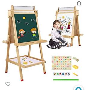 lot 9504 image: Ark miido 3 in 1 Wooden Art Easel for Kids, Double Sided Standing Magnetic Chalkboard Black & White Board Easel with Paper Roll, Height Adjustable, Gift for Kids, Age 4, 5, 6, 7