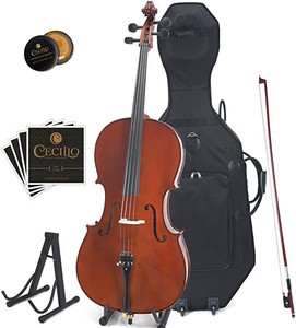 lot 9521 image: Cecilio CCO-500 Ebony Fitted Flamed Solid Wood Cello with Hard & Soft Case, Stand, Bow, Rosin, Bridge and Extra Set of Strings