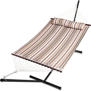 lot 9528 image: Double Hammock with Stand Included Outdoor Hammocks with Hardwood Spreader Bar,Max 475lbs Capacity Havana Brown