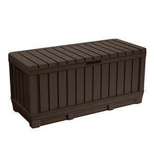 lot 231 image: Keter Kentwood 90 Gallon Resin Deck Box-Organization and Storage for Patio Furniture Outdoor Cushions Throw Pillows Garden Tools and Pool Toys Brown