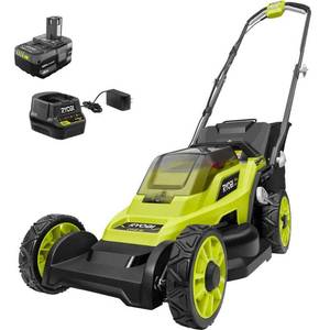 lot 301 image: RYOBI ONE 18V 13 in. Cordless Battery Walk Behind Push Lawn Mower with 4.0 Ah Battery and Charger - Retail $249.99