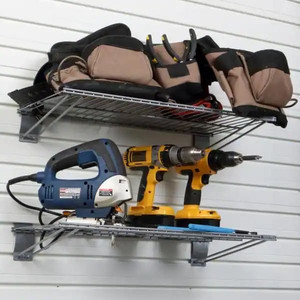 lot 24115 image: Metal Garage Wall Shelving in Silver 12 in. x 24 in. (2-Pack)  - Retail $57.81