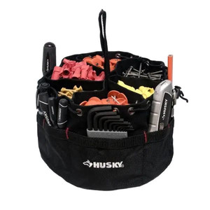 lot 24127 image: 10 in. 19-Compartment Heavy-Duty Canvas Small Parts Organizer Bucket Storage Tool Pouch in Black - Retail $15.38