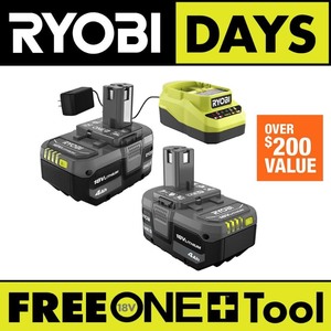 lot 24144 image: RYOBI ONE 18V Lithium-Ion 4.0 Ah Battery (2-Pack) and Charger Kit - Retail $199.99