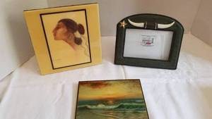 lot 1026 image: RC Gorman print on tile 9 x 8, picture frame and ocean scene