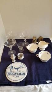 lot 1027 image: Spode tea cups and creamer, stemware, trivet and pewter items