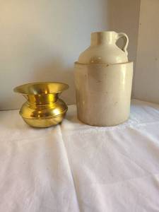 lot 1035 image: Antique stoneware crock jug, brass spittoon