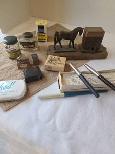 lot 1048 image: Vintage metal horse inkwell, fountain pens, stamps, more