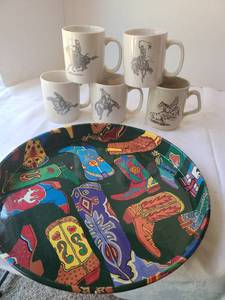 lot 1053 image: Cowboy mugs and tin boot tray