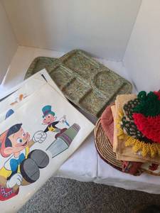 lot 1057 image: Two vintage Prolon Ware 9953 food trays, Disney placemats, potholders