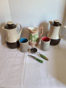 lot 1114 image: Vintage Thermos carafes, ceramic pitcher, vintage strainer, parer