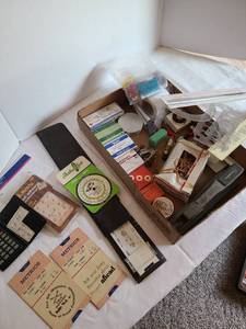 lot 1235 image: Slide rule, stapler, protractors, office supplies