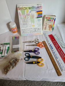 lot 1236 image: Adult coloring book, craft scissors, glue sticks, more