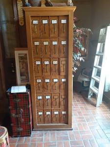 lot 1300 image: Antique vertical filing cabinet. 77.5 x 29 x 15.5