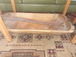 lot 1322 image: Vintage dough bowl with baguette form. Bowl is approximately 9 inches tall and 43 inches long