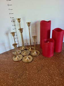 lot 1342 image: Brass candlesticks, red LED candles