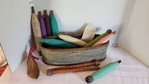 lot 1361 image: Wooden thread spools, wooden shoe form and basket