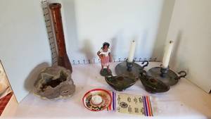 lot 1366 image: Wooden spool, geode, figurine and candle holders