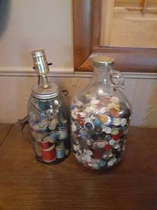 lot 1411 image: Jug filled with buttons and a home made lamp(not complete) with thread on inside