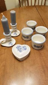 lot 1509 image: Pfaltzgraff candle holders, custard bowls and 2 pc heart box
