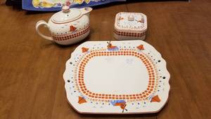 lot 1519 image: Red Mill windmill tray, covered dish and tea pot