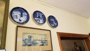 lot 1524 image: Royal Copenhagen collector plates and signed windmills watercolor 9 x 15