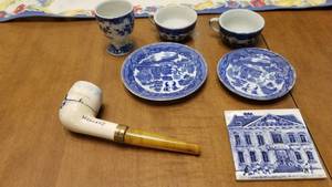 lot 1534 image: Dutch Holland pipe, minature cup and saucers and small coaster