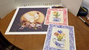 lot 1542 image: Sandi Gore Evans rooster print 16 x 16 and 2 Dutch floral prints 10 x 8