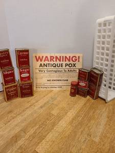 lot 1602 image: Spice tins, sign, storage bin
